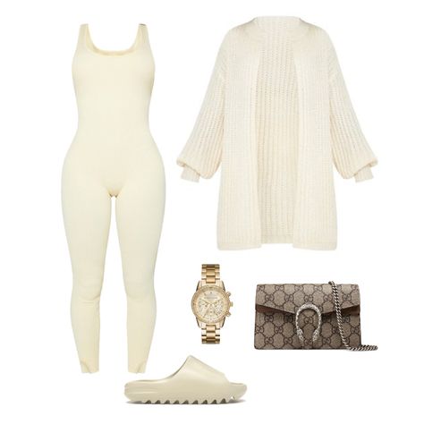 #outfit #outfitideas #outfitplan #jumpsuit #chunkyknit #gucci #yeezy #sliders #beigeaesthetic #beigetrends #beigeoutfit #beigelook Beige Jumpsuit Outfit, Jumpsuit Outfit Winter, Jumper Suit, Cream Jumpsuit, Beige Jumpsuit, Brown Jumpsuits, Fall School, Cute Outfits With Jeans, School Fit