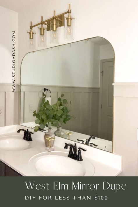 Long Mirror Bathroom Vanity, Builders Grade Bathroom Mirror Update, Master Bath One Big Mirror, Custom Mirrors For Bathroom, Diy Gold Bathroom Mirror Frame, Trim Around Large Bathroom Mirror, Trim Around Bathroom Mirror Gold, Bathroom Builder Grade Mirror, How To Remove Builder Grade Bathroom Mirror