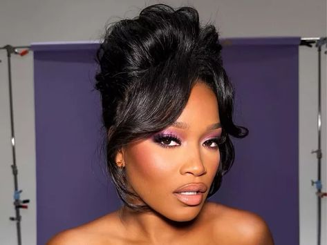 Keke Palmer Hair, Glossy Lids, Large Silver Hoop Earrings, Jet Black Hair, Blue Highlights, Glam Makeup Look, Black Bridal, Keke Palmer, Blue Dye