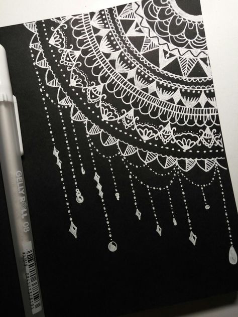 Mandala Art On Black Sheet, Which Pen Is Used For Mandala Art, White Pen Art On Black Paper Mandala, Black Paper White Pen Drawing, White Pencil Drawing On Black Paper Easy, White Mandala On Black Paper, Mandala On Black Canvas, Book Boarders, Mandala Art On Black Paper