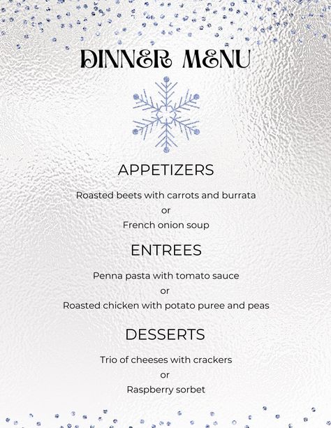 Winter Wonderland Menu Ideas, Snow Restaurant, Snowflake Menu Cards, Snowflake Confetti, Trio Of Desserts, New Year Menu, Silver Gradient, Diner Party, Foil Design