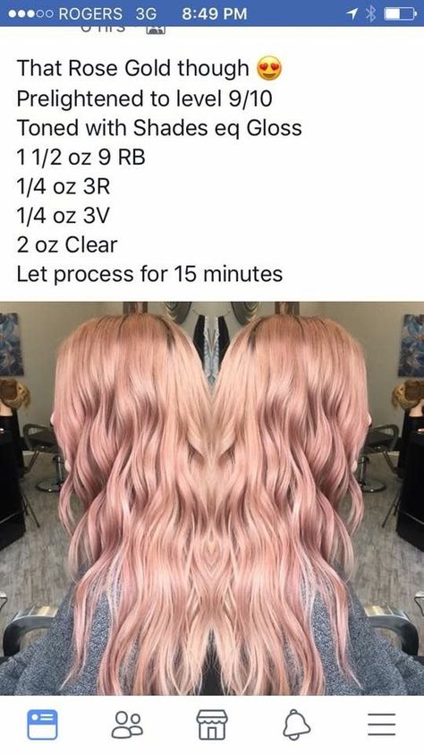 Shades Eq Rose Gold Formula, Hair Color Beautiful, Toning Formulas, Shades Formulas, Toner Formulas, Rose Gold Hair Brunette, Rose Gold Hair Color, Gold Hair Color, Aveda Hair Color