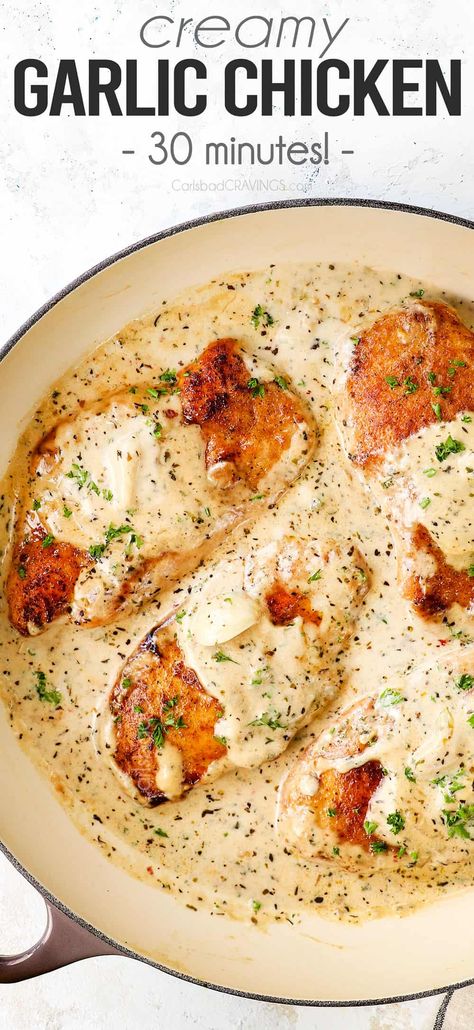 Creamy Garlic Chicken bathed in a Parmesan garlic cream sauce on your table in just over 30 minutes! Versatile and prep ahead friendly! #30minutemeals #chicken #chickenrecipes #easyrecipe #recipes #recipeoftheday #recipeideas #recipeseasy #dinner #dinnerrecipes #dinnerideas #dinnerideas #recipe #recipeoftheday #recipeideas #recipesfordinner #parmesanchicken #garlicchicken #garlic #Parmesan #onepotwonder #skilletchicken #chickenskillet Chicken Cutlet And Mashed Potatoes, Creamy Healthy Chicken, Cream Of Chicken Dinner Recipes, Chicken With Garlic Cream Sauce, Chicken In Garlic Cream Sauce, Recipes With Table Cream, Creamy Chicken Dinner Recipes, Chicken Dinner Recipes Videos, Creamy Chicken Parmesan Recipe