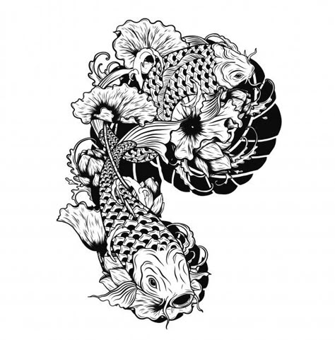 Carp fish with lotus vector tattoo by ha... | Premium Vector #Freepik #vector #flower #wedding #floral #abstract Japan Tattoo Traditional, Japan Style Tattoo, Karp Koi, Japanese Drawing, Koi Tattoo Design, Kunst Tattoos, Chicano Style Tattoo, Koi Tattoo, Theme Tattoo