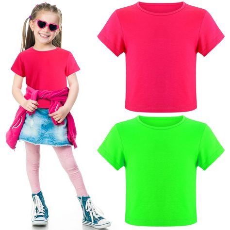 PRICES MAY VARY. Quality Material: experience comfort with our kids neon shirt made from quality polyester, offering durability, it's lightweight, and suitable for maintaining style without compromising comfort Vibrant Neon Colour: add a splash of color to your wardrobe with our neon shirts for girls, they come in an electrifying rose red and fruit green colour that will give you that trendy and youthful glow, the eye catching shades will certainly make you the center of attention in many gather Toddler Halloween Outfits, 1980s Costume, Neon Leggings, Neon Shirts, Neon Girl, Baby Costumes Girl, 80s Neon, Neon Outfits, Dance Tops