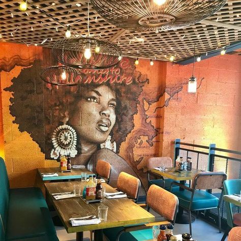 Mural Cafe, Carribean Food, Restaurant Design Inspiration, Modern Restaurant Design, Africa Art Design, Art Restaurant, Decoration Restaurant, Turtle Bay, Restaurant Concept