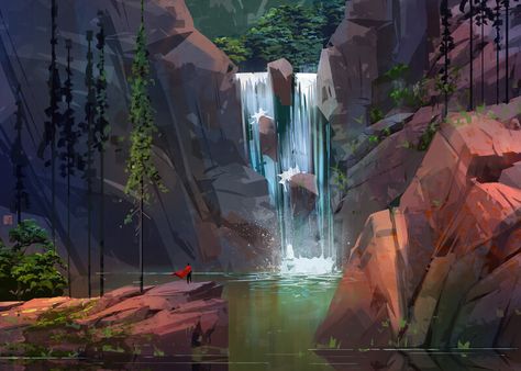 ArtStation - waterfall Waterfall Drawing, Sketchbook Challenge, Space Phone Wallpaper, Waterfall Landscape, Fantasy Background, Alien Planet, Alien Concept Art, Concept Artist, Fantasy Setting