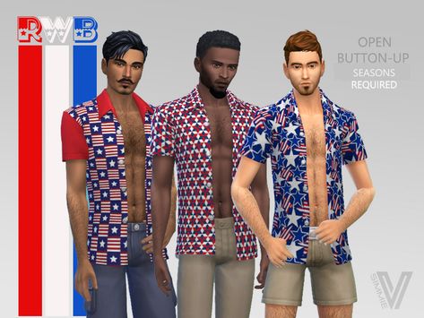 The Sims Resource - Red White Blue Open Button Up Patriotic Designs, Sims 4 Cc Download, Mod Print, Male Clothing, Hang Loose, Profile Page, Sims 4 Clothing, Sims 4 Cc, The Sims Resource