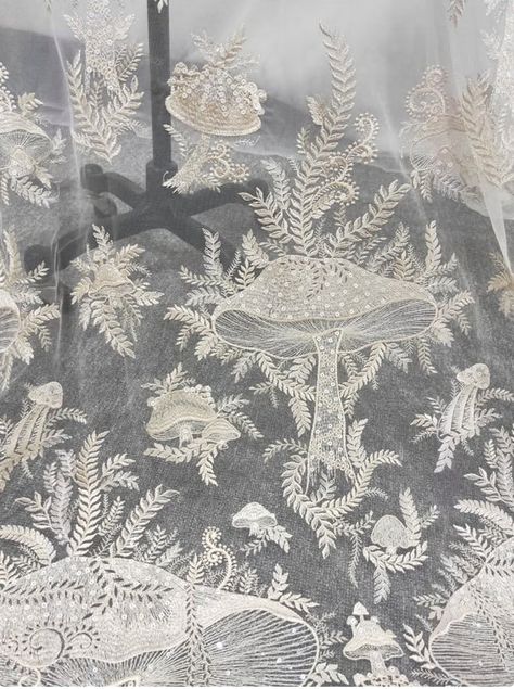 1 Yard Ivory Mushroom Lace Fabric,heavy Embroidery Champange Lace With Sequins,bridal Dress,french Lace,wedding Dress Lace,bridal Veil Lace - Etsy Mushroom Wedding Dress, Mushroom Wedding Decor, Mushroom Wedding, Story Clothes, Floral Witch, French Lace Wedding Dress, Veil Ideas, Mushroom Embroidery, Lace Top Wedding Dress