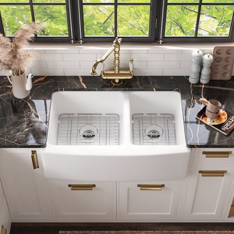 30 “ Farmhouse Sink | Wayfair White Ceramic Kitchen Sink, Soap Dispenser Kitchen Sink, Double Basin Kitchen Sink, Farmers Sink, Ceramic Kitchen Sinks, Apron Sink Kitchen, Farmhouse Apron, Apron Sink, Sink Grid