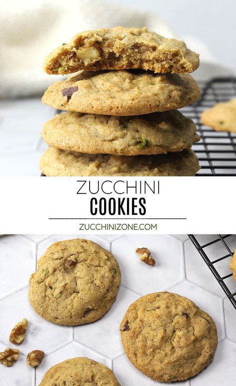 Zucchini cookies are buttery, chewy cookies filled with crunchy walnuts and cozy spices. Their flavor is reminiscent of a freshly baked loaf of zucchini bread. Zucchini Cookies Recipes, Zucchini Cookie Recipes, Zucchini Chocolate Chip Cookies, Zucchini Desserts, Spiced Zucchini, Zucchini Cookies, Zone Recipes, Family Breakfast Recipes, Chocolate Chip Pecan Cookies