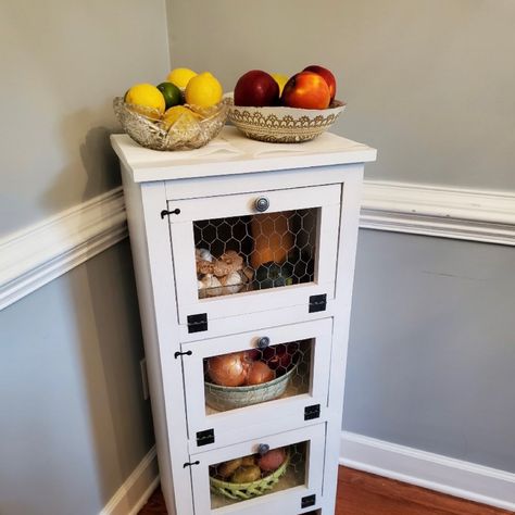 Chicken Wire Cabinets, Potato And Onion Bin, Vegetable Storage Bin, Potato Bin, Produce Bin, Farmhouse Addition, Wooden Bins, Onion Storage, Potato Storage