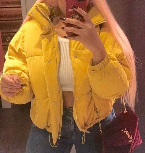 Maybe I wished for the wrong thing Styling Yellow Jacket, Yellow Winter Jacket, Yellow Puffer Jacket Outfit, Yellow Jacket Outfit, Yellow Puffer Jacket, Puffer Jacket Outfit, Yellow Jacket, Boring Clothes, Cute Jackets