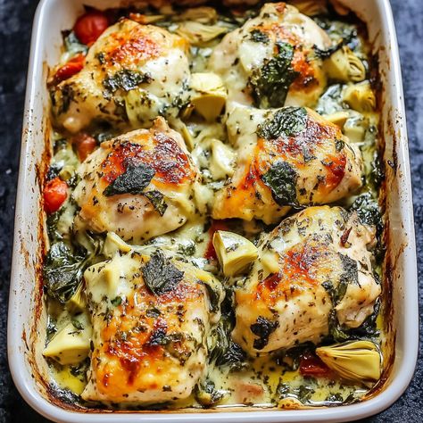 Chicken Tomato Artichoke Bake, Artichoke Spinach Chicken, Chicken Spinach Artichoke Casserole, Chicken Artichoke Bake, Spinach Artichoke Chicken Bake, Artichoke Chicken Bake, Spinach Artichoke Stuffed Chicken, Bird Recipes, Easy Sunday Dinner