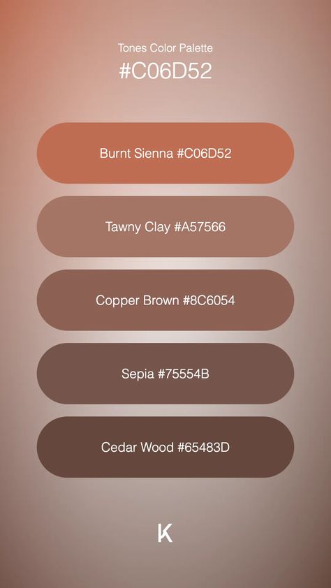 Tones Color Palette Burnt Sienna #C06D52 · Tawny Clay #A57566 · Copper Brown #8C6054 · Sepia #75554B · Cedar Wood #65483D Colour Pallets, Character Design Tutorial, Hex Color Palette, Copper Brown, Burnt Sienna, Hex Colors, Cedar Wood, Color Pallets, Sun Kissed