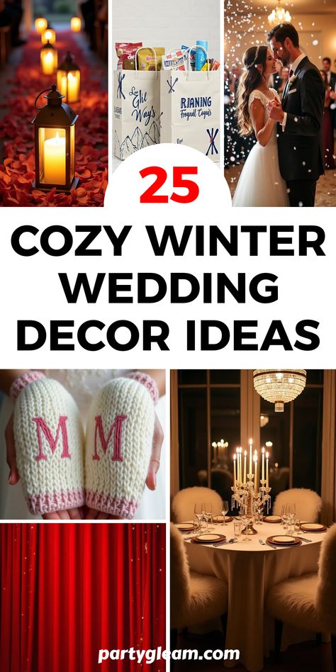 Ready to create a cozy winter wedding? Here are 25 enchanting decor ideas to transform your wedding venue into a charming winter wonderland! From a stunning red velvet wedding backdrop to a dreamy candle-lined aisle, these ideas are designed to bring warmth and romance to your big day. Imagine delighting your guests with rustic ski-themed welcome bags and sweet mitten wedding favors. Let these beautiful winter wedding decor inspirations fill your celebration with joy, warmth, and a touch of magic—just like freshly fallen snow. Rustic Winter Wedding Ideas, Country Winter Wedding, Winter Wedding Party, Winter Themed Wedding, Cozy Winter Wedding, Elopement Winter, Winter Wedding Decor, Dyi Wedding, Quick Wedding