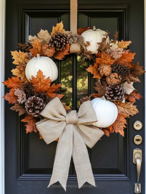 7 Fall Wreath Ideas You Can Make This Weekend! Hobby Lobby Wreath, Fall Front Door Decor Ideas, Homemade Door Wreaths, Fall Plaid Decor, Porch Modern, Front Door Decor Ideas, Cozy Inspiration, Fall Wreath Ideas, Pumpkin Wreath Diy