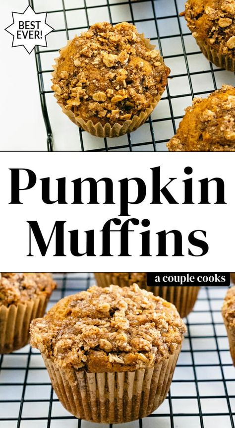 Everyone loves this healthy pumpkin muffins recipe! Bake up a batch for the best moist interior and crunchy streusel topping. #healthy #pumpkin #muffins #pumpkinmuffins Libbys Pumpkin Muffins, Easy Pumpkin Muffins, Healthy Pumpkin Muffins, Pumpkin Muffins Recipe, Pumpkin Pie Spice Recipe, Vegan Pumpkin Bread, Pie Spice Recipe, Pumpkin Muffins Easy, A Couple Cooks