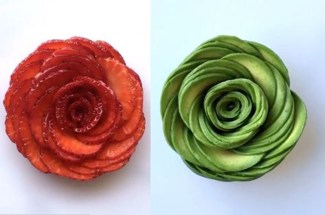 And the simple technique can be applied to just about any fruit or veggie! Cucumber Flower, Avocado Rose, Veggie Art, Edible Roses, How To Make Rose, Strawberry Roses, Strawberry Flower, Amazing Food Decoration, Creative Food Art