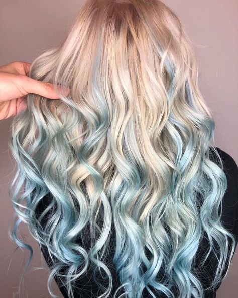 Fun Color Ideas For Blondes, Platinum Blonde With Blue Highlights, Blonde Hair Dip Dyed, Color Under Blonde Hair, Platinum Blonde Hair With Blue Tips, Blonde With Light Blue Highlights, Blue Tips Hair Blonde, Blond With Blue Highlights, Blue Balayage Blonde