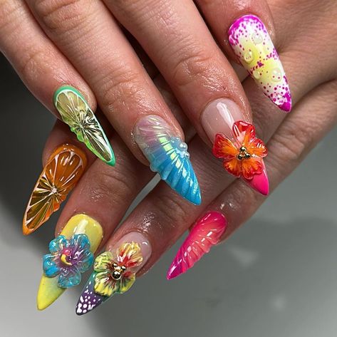 MIRRORS | Tropical fantasy Pulled inspo from a variety of people and trends #explorepage #nailsnailsnails #naildesigns #3dnailart #3dflowernails… | Instagram Fruity Nails, 3d Flower Nails, Tropical Nails, Colored Acrylic Nails, Dope Nail Designs, Really Cute Nails, Acrylic Nails Coffin Pink, Unique Acrylic Nails, Bling Acrylic Nails