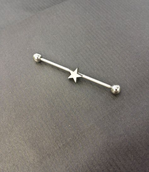 Earings Piercings Industrial, Star Tounge Piercing, Star Industrial Piercing, Y2k Industrial Piercing, Industrial Piercing Heart, Moon Industrial Piercing Jewelry, Ear Piercing Ideas Industrial Bar, Piercing Industrial, Industrial Earrings