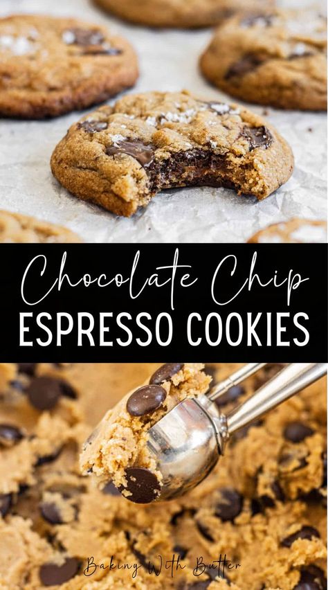 Soft and chewy, these chocolate chip espresso cookies are delicious with rich coffee flavor, toasted browned butter, and plenty of chocolate chunks. Chocolate Chip Expresso Cookies, Chocolate Chip Espresso Cookies, Expresso Cookies Recipes, Brown Butter Espresso Cookies, Expresso Cookie, Espresso Chocolate Chip Cookies, Crisco Cookies, Chocolate Espresso Cookies, Coffee Cookies Recipe