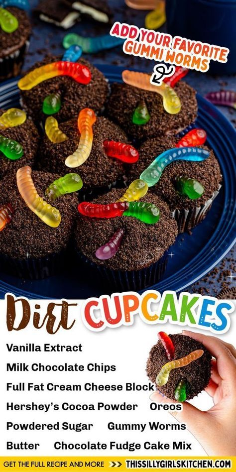 Starting with a boxed cake mix, these Dirt Cupcakes from This Silly Girls Kitchen are a fun and easy recipe that kids and adults enjoy. Super easy, minimal time and effort, and so tasty. With a chocolate cupcake, chocolate cream cheese frosting, Oreo crumbs, and gummy worms, these are pretty much any kid’s dream! Worms And Dirt, Dirt Cupcakes, Oreo Dirt, Cupcake Chocolate, Chocolate Cream Cheese Frosting, Dirt Cake, Boxed Cake, Homemade Frosting, Chocolate Fudge Cake