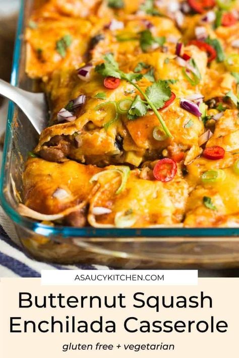 Butternut Squash Enchilada Casserole, Squash Enchilada Casserole, Black Bean Butternut Squash, Casserole Dish Recipes, Spiral Vegetable Recipes, Butternut Squash Enchiladas, Lite Recipes, Ground Beef Breakfast, Gluten Free Enchiladas