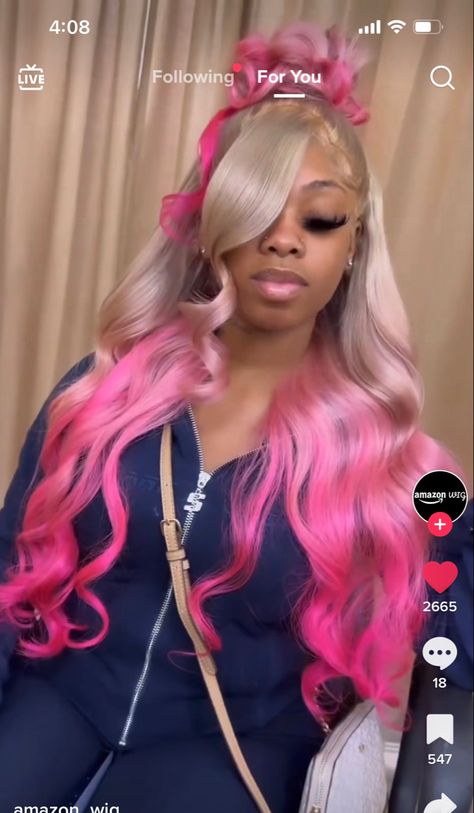 2 Tone Pink Wig, Summer Wig Colors, Hair Color Ideas Wigs, Cute Wig Colors, Colored Wig Hairstyles, Pink Wig Hairstyles, Unique Wig Hairstyles, Wig Color Ideas, Aquarius Szn