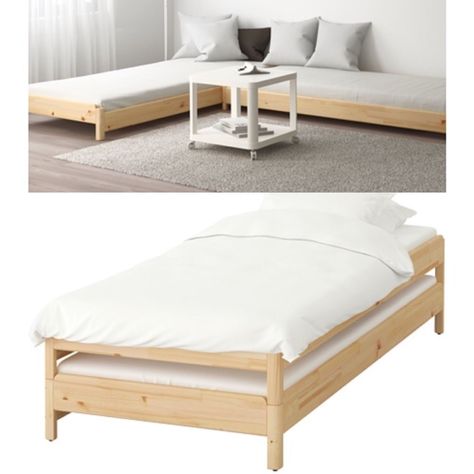 Stackable Bed, Murphy Bed Ideas, Ikea Sofa Bed, Bed Corner, Ikea Apartments, Murphy Bed Ikea, Beds For Small Spaces, Sofa Bed Frame, Pine Beds