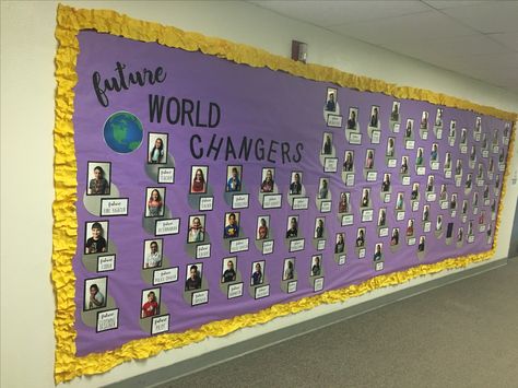 Future world changers bulletin board! What do your students want to be when they grow up?? How will they change the world??? #worldchangers #iteach The Future Of The World Bulletin Board, Be The Change Bulletin Board, Future Leaders Bulletin Board, Future World Changers Bulletin Board, Future World Changers, Inside Out Bulletin Board, Emotion Control, World Bulletin Board, Up Bulletin Board