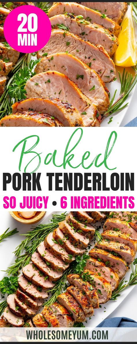 The juiciest baked pork tenderloin recipe in just 20 minutes! It cooks up tender & flavorful in the oven with my quick 5-ingredient marinade. Baked Tenderloin Recipes Pork, Pork Tenderloin Oven Cook Time, Aip Pork Tenderloin, How To Bake Pork Tenderloin In Oven, Healthy Pork Tenderloin Recipes Clean Eating, Pork Tender Loin Recipes Oven, Oven Baked Pork Tenderloin Recipes, Pork Filets Recipes, Pork Oven Recipes