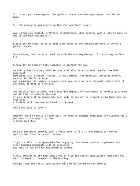 The document discusses a rental property listing for a one bedroom, one bathroom apartment available for $1000 per month. It provides details on the unit's amenities and rental terms, and requests the recipient's contact information to send a rental application form. Apartment Format For Client, Apartment Format For Yahoo, Apartment Roommate, Rental Application Form, Apartment Format, Bathroom Apartment, Rental Application, Message Request, Application Form