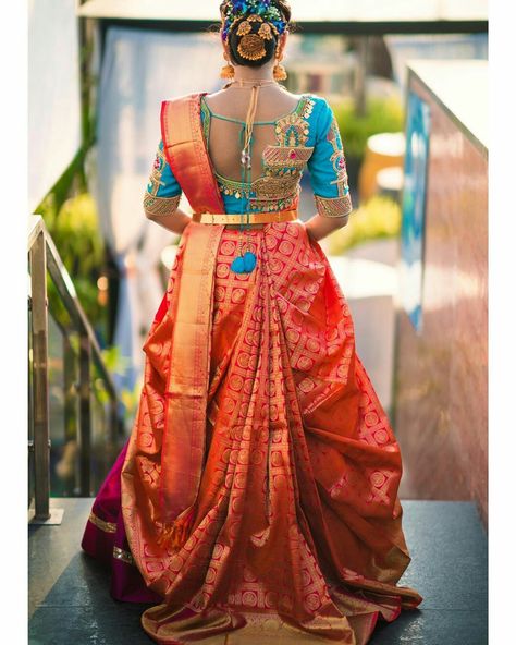 Half Saree Type Saree Draping, Beautiful Blouse Designs, Trending Blouse Designs, Half Sari, Trending Blouse, Saree Drapes, Bridal Blouses, Wedding Wardrobe, Latest Bridal Blouse Designs