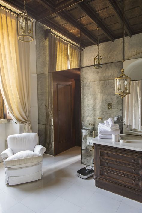 Copper Taps, Quiet Corner, Cozy Chair, Hotel Home, Guest Bedrooms, King Size Bed, Antique Mirror, Rome Italy, Lantern Lights