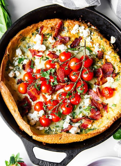 Savory Dutch Baby Pancake (Gluten-Free) | Garden in the Kitchen Gluten Free Dutch Baby Pancake, Savory Dutch Baby Pancake, Dutch Baby Pancake Savory, Mediterranean Shrimp Recipe, Savory Dutch Baby, Dutch Baby Pancake Recipe, Dutch Babies, Dutch Baby Recipe, Dutch Pancakes