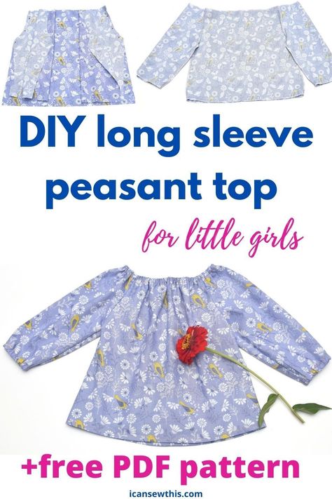 Learn to make a long sleeve peasant top for your little girl with this free pattern and tutorial. A great beginner sewing project – no buttons, no zippers, no stress.A cool and comfy blouse with a relaxed fit that accommodates easy on and off, and provides unlimited freedom of movement. #longsleeves #peasanttop #freepattern #girls #sewing Peasant Blouse Pattern Free, Diy Chemise, Peasant Top Pattern, Peasant Blouses Pattern, Blouse Pattern Free, Flared Blouse, Peasant Dress Patterns, Girls Dress Pattern Free, Long Sleeve Peasant Top