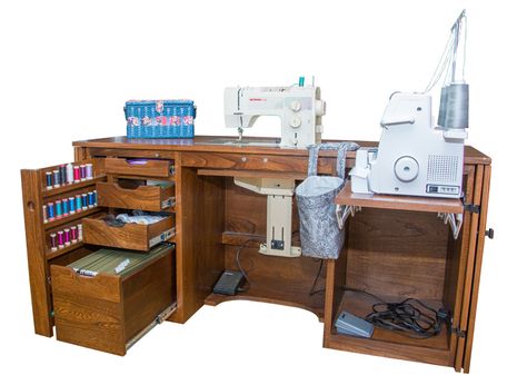 Jake's Amish Furniture - #165B Amish Sewing Cabinet without Lids of Oak for only $1,766 Sewing Station, Sewing Room Furniture, Sewing Machine Tables, Sewing Machine Cabinet, Amish Crafts, Sewing Spaces, Art Supplies Storage, Sewing Room Design, Sewing Cabinet