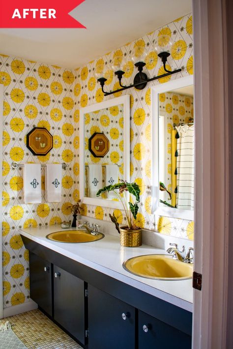 “Wallpaper is easier than I thought, but difficult to do with your husband!” Kelly jokes. “We didn’t want to demo anything, and in order to keep the refresh affordable I need something that would work with the existing sink, shower, and floor.” Vintage Yellow Bathroom, 1970s Bathroom, 70s Bathroom, Chrome Towel Bar, 1970s Decor, 1970s Home, Acrylic Coffee Table, Painted Vanity, Yellow Bathroom