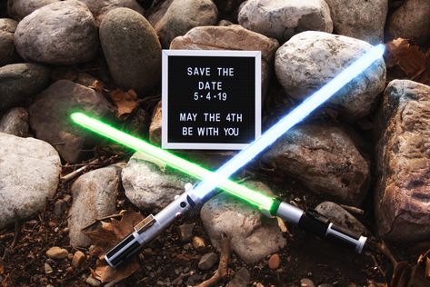 Star Wars Engagement Announcement, Star Wars Wedding Subtle, Diy Star Wars Wedding Decorations, Star Wars Wedding Photos, May 4th Wedding, Nerdy Engagement Photos, Star Wars Proposal, Subtle Star Wars Wedding Ideas, Starwars Wedding Ideas