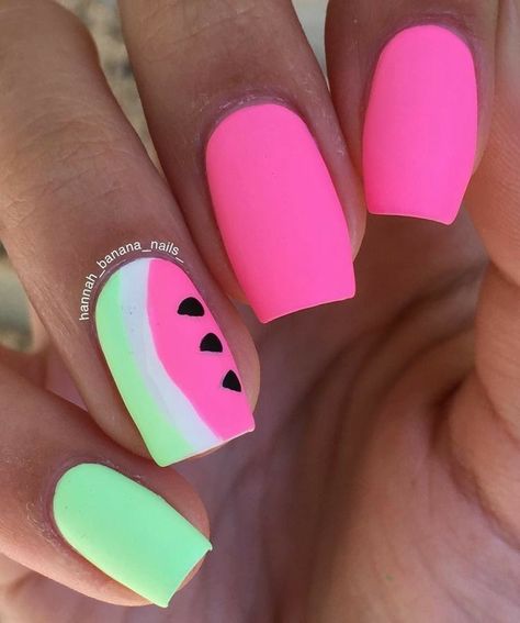 Pink Watermelon Nails, Watermelon Pink Nails, Popsicle Nails, Shellac Nail Colors, Watermelon Girl, Funky Fingers, Watermelon Nails, Bright Nails, Summer Watermelon