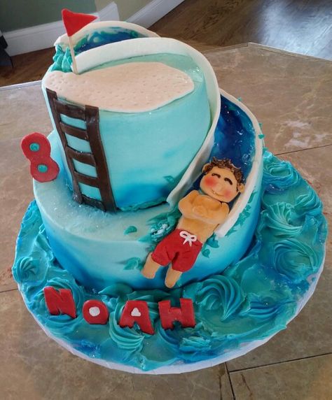 Waterpark cake Waterslide Cake Ideas, Water Slide Cake, Waterpark Cake, Waterslide Cake, Roller Coaster Cake, Sully Cake, Pool Birthday Cakes, Computer Cake, Pool Party Cakes