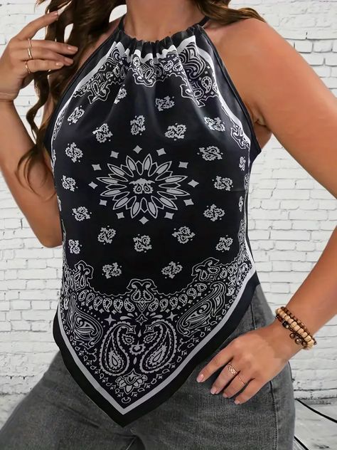 Sleeveless Halter Neck Casual Top - Temu Bandana Print Outfit, Bandana Halter Top, Style Désinvolte Chic, Style Casual Chic, Top Diy, Bandana Styles, Floral Embroidered Top, Paisley Top, Plus Size Tank Tops