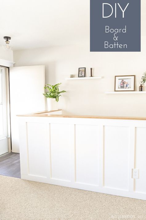 Install DIY board and batten along a half wall to take your home from builder-grade to custom-built.   #entrywayideas #halfwall #ponywall #halfwallideas #entrywayhalfwall #modernfarmhouse #entryway Half Wall Remodel, Half Wall Instead Of Railing, Half Wall Around Stairs, Shiplap On Half Wall, Half Wall To Basement Stairs, Board And Batten Pony Wall, Board And Batten Half Wall Stairs, Half Wall Staircase Decor, Half Stair Wall