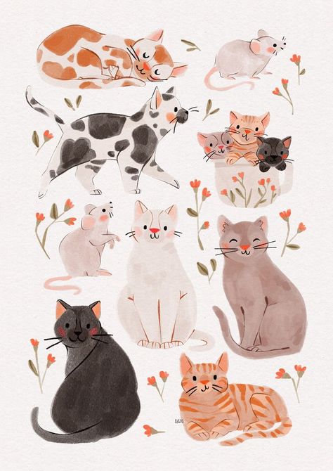 Cute Cats Painting, Cat Watercolor Illustration, Cat Watercolor Art, Tiny Cat Painting, Cat And Mouse Illustration, Cute Mouse Doodle, Cat With Kittens Drawing, Cat In Flowers Drawing, Tabby Cat Doodle