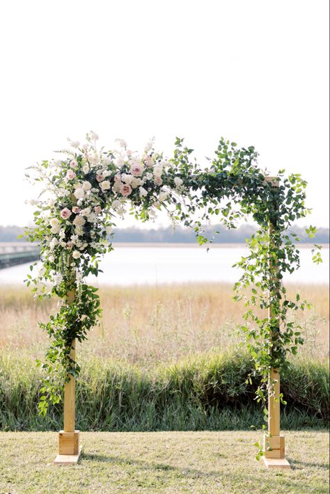 Greenery On Arbor Wedding, Arch’s For Weddings, Wedding Square Arch Flowers, Rectangle Floral Arch Wedding, Garden Party Wedding Arbor, Smilax Wedding Arch, Square Arch Wedding Flowers, Wedding Floral Arbor, Spring Arch Wedding