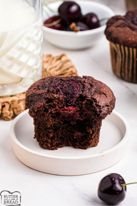 Chocolate Cherry Muffins, Cherry Muffins, Danish Dough, Bakery Style Muffins, Cherry Chocolate, Muffin Batter, Frozen Cherries, Fresh Cherries, Chocolate Muffins