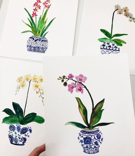 Living Room Art Prints. Watercolor Orchids. Set Of Four Orchid Ginger Jars. Blue/White Art Prints. M Watercolor Orchids, Ginger Jar Art, Room Art Prints, Blue And White Art, Living Room Art Prints, Blue And White Vase, Insect Art, Ginger Jar, Modern Flower