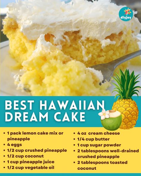 Hawaiian Dream Cake Vanilla Cake With Pineapple Filling, Pineapple Coconut Cream Cake, Desserts With Pineapple Recipes, Pineapple Summer Cake, Coconut Pineapple Dream Cake, Pineapple Coconut Surprise Cake, Hawaiian Cake Recipe, Pineapple Coconut Bars, Hawaiian Pineapple Cake Recipe